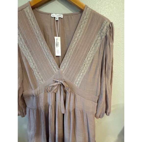 Baltic Born Mauve Lace Trim V-Neck Tiered Dress XL Boho Chic 3/4 Sleeve - Picture 3 of 5
